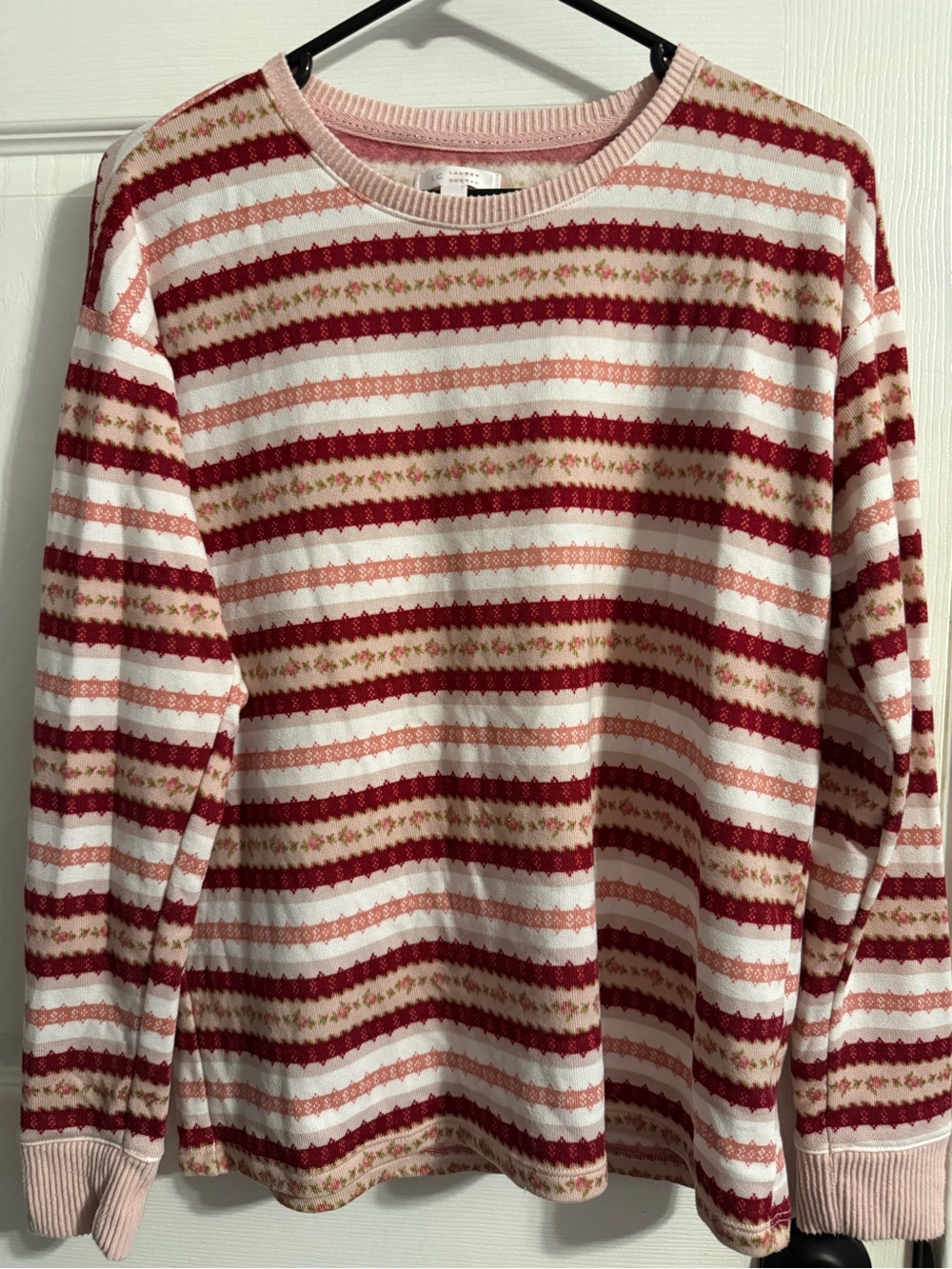 LC Lauren Conrad Pink, Red & Cream Striped Crewneck Sweater